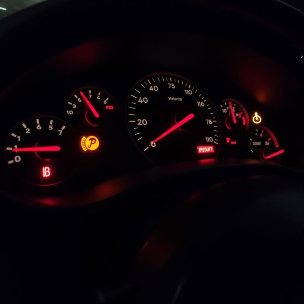 Car dashboard with warning lights illuminated