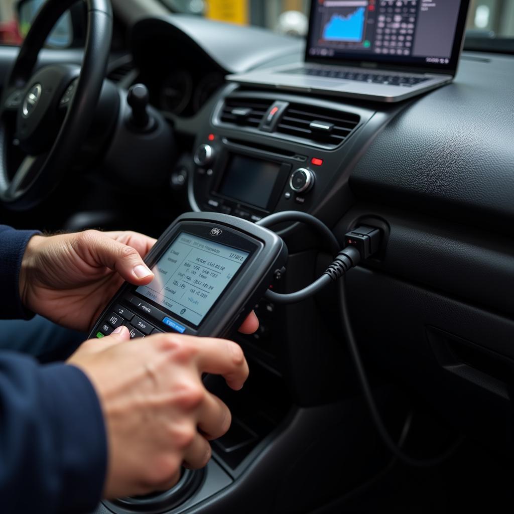 Mechanic Using Advanced Car Diagnostic Equipment