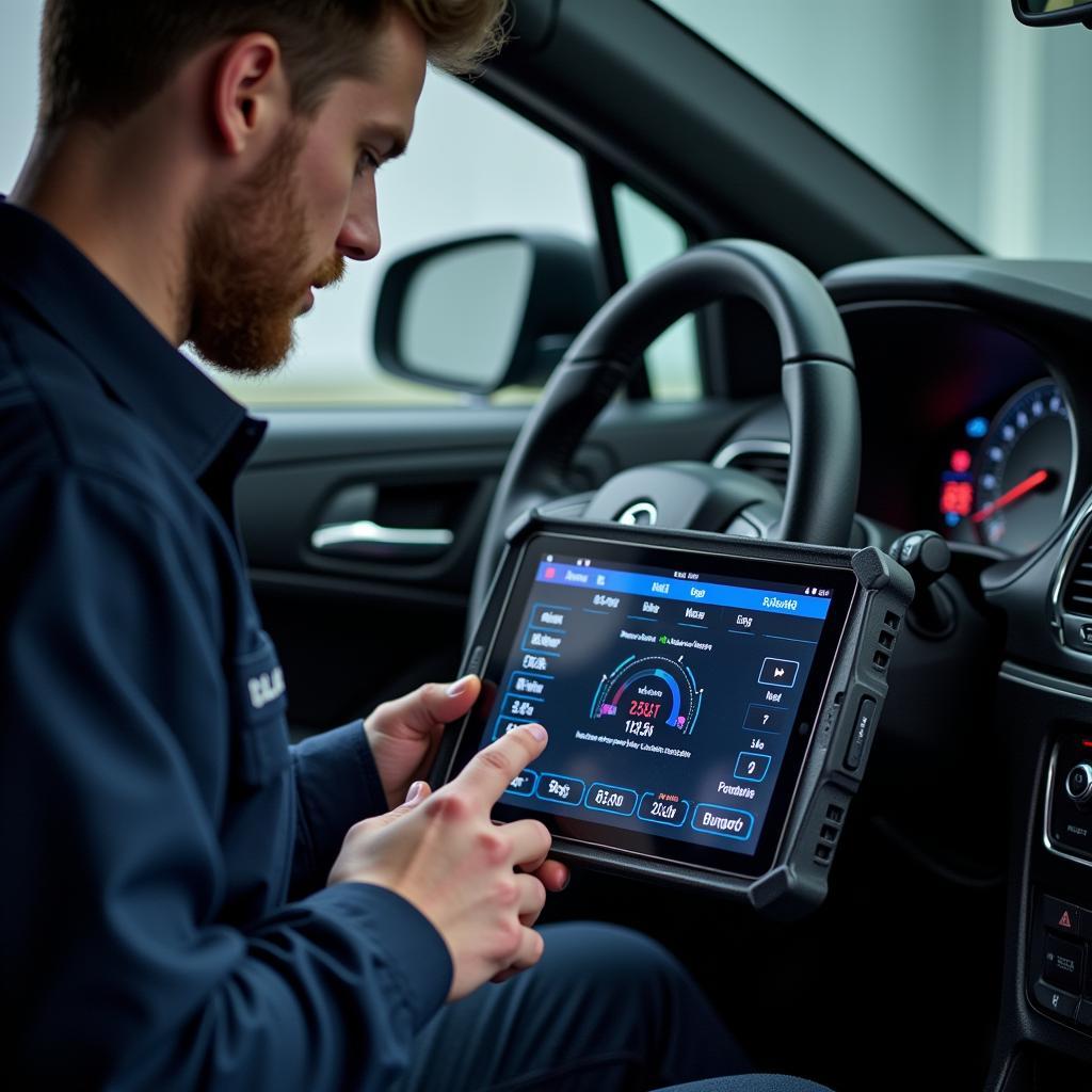 A skilled technician analyzing car diagnostics results in Limerick