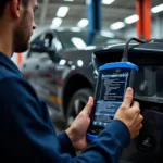 Car Diagnostics Mansfield Technician Using Scanner on a Modern Vehicle