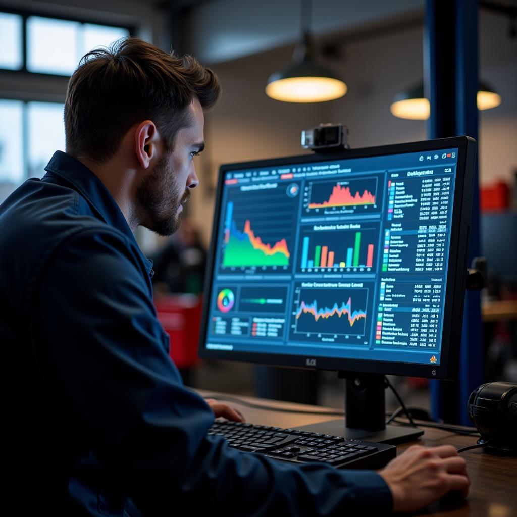 Car Diagnostics Mechanic Analyzing Data