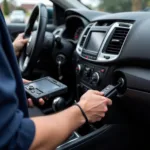 Car diagnostics specialist connecting a device to a car's OBD-II port in Merthyr Tydfil