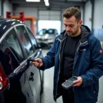 Car diagnostics specialist connecting a car to a diagnostic tool in Newark-on-Trent.