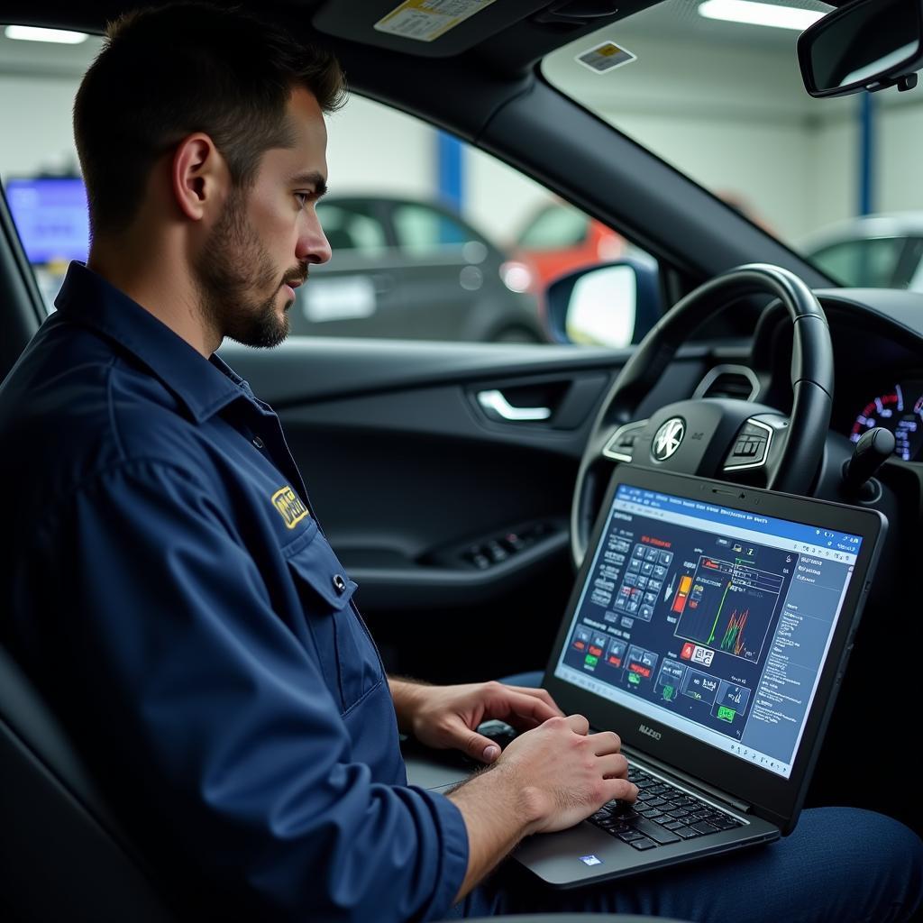 Car diagnostics technician analyzing data on a computer