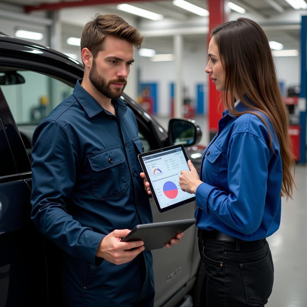 Mechanic explaining car diagnostics report to car owner in Norfolk