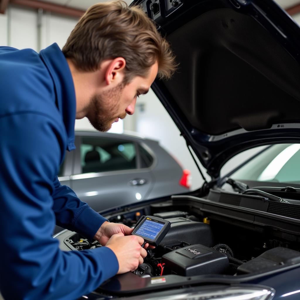 Mechanic using a scan tool for car diagnostics