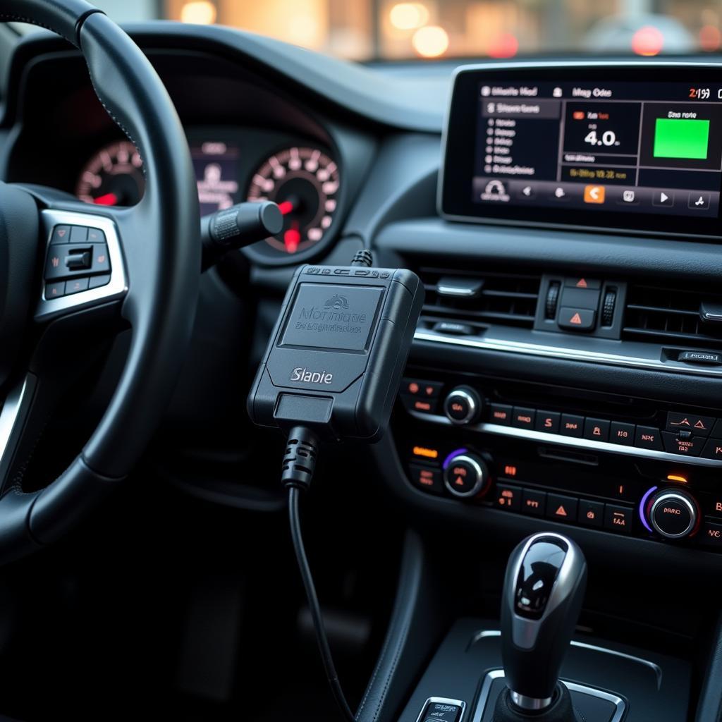 Car Diagnostics Scanner Plugged into a Car's Dashboard