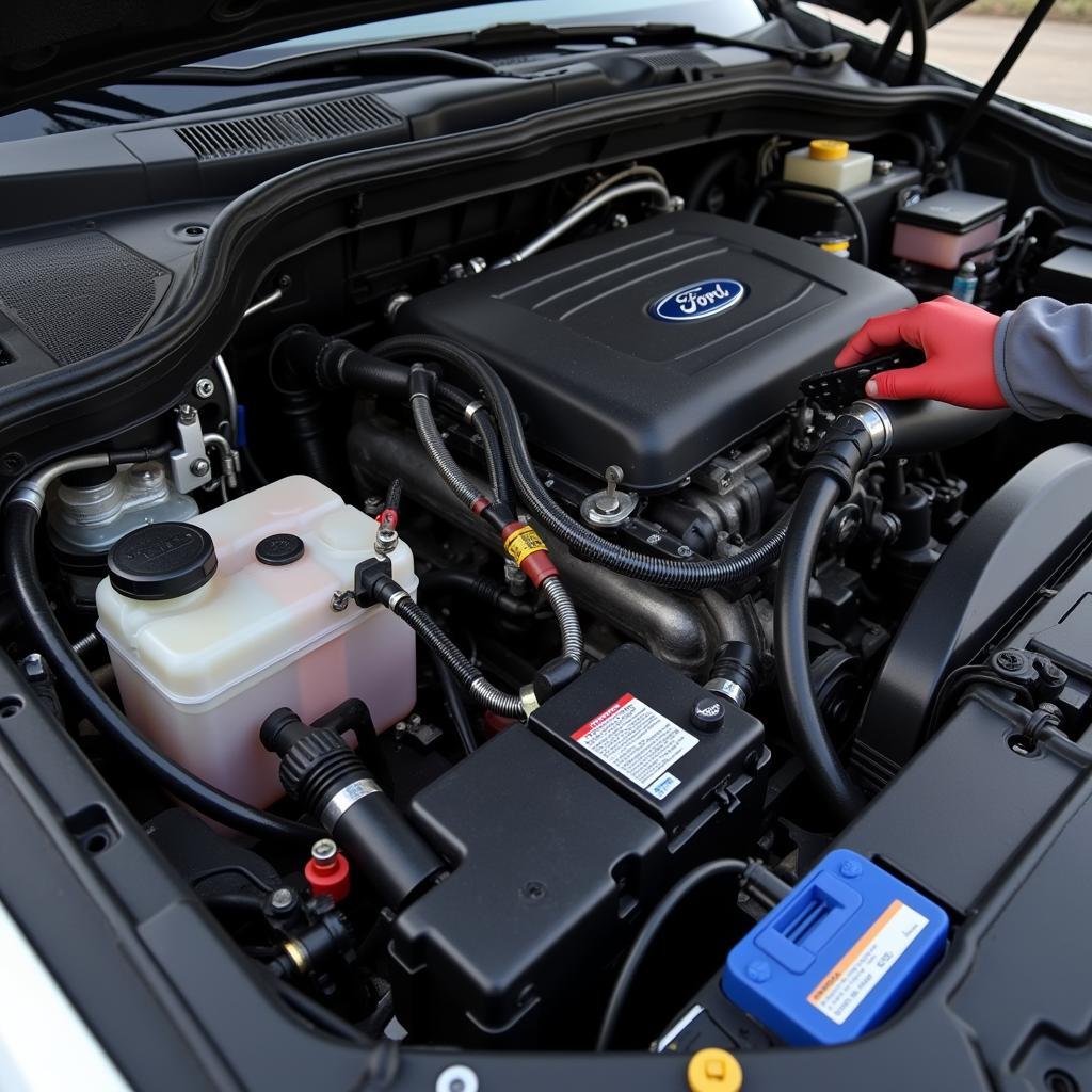 Close-up view of a Ford engine bay with diagnostic equipment attached