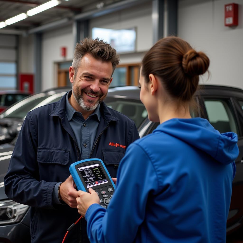 Car diagnostics technician in Stockport explaining results to a customer