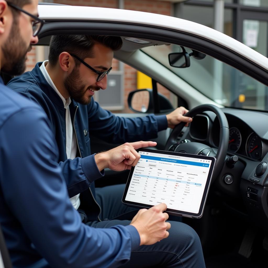 Technician explaining car diagnostics report to a car owner.