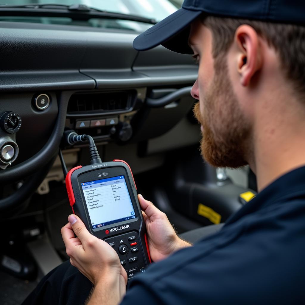 Mechanic performing a car diagnostics test