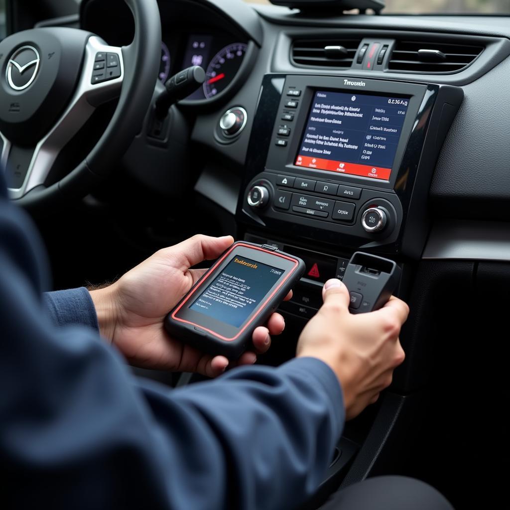 Mechanic using a car diagnostics toolkit to analyze a vehicle's ECU