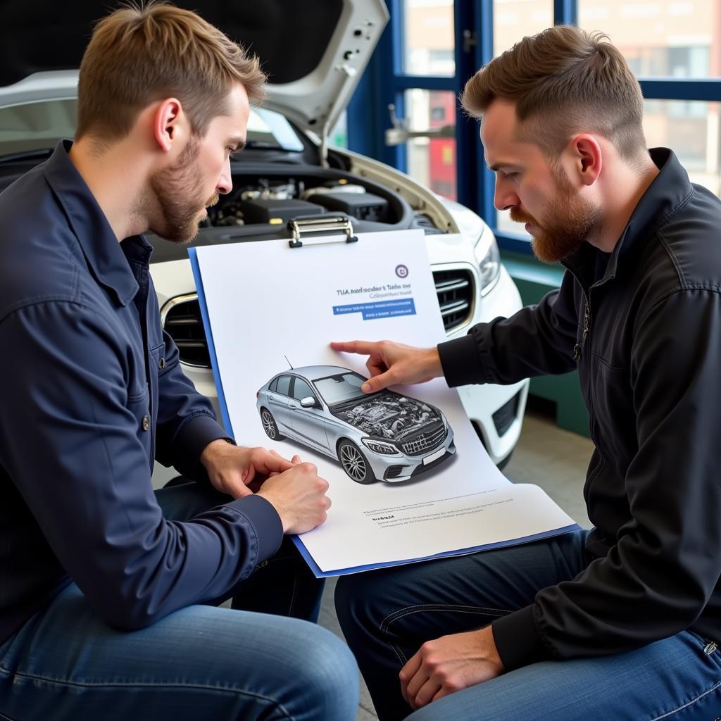 Mechanic explaining car diagnostics results to a customer in Wombwell