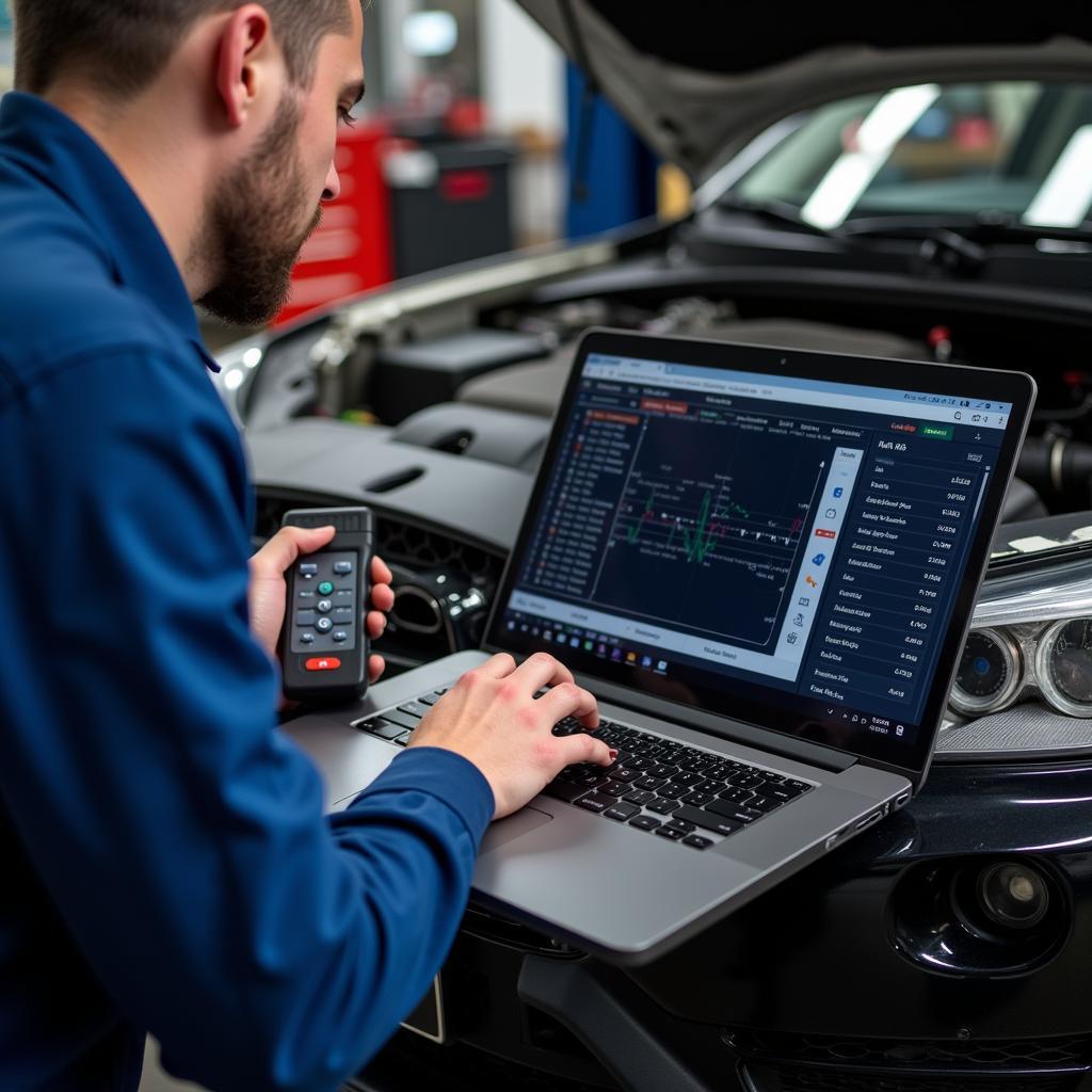 Mechanic using car ECU diagnostic software on a laptop