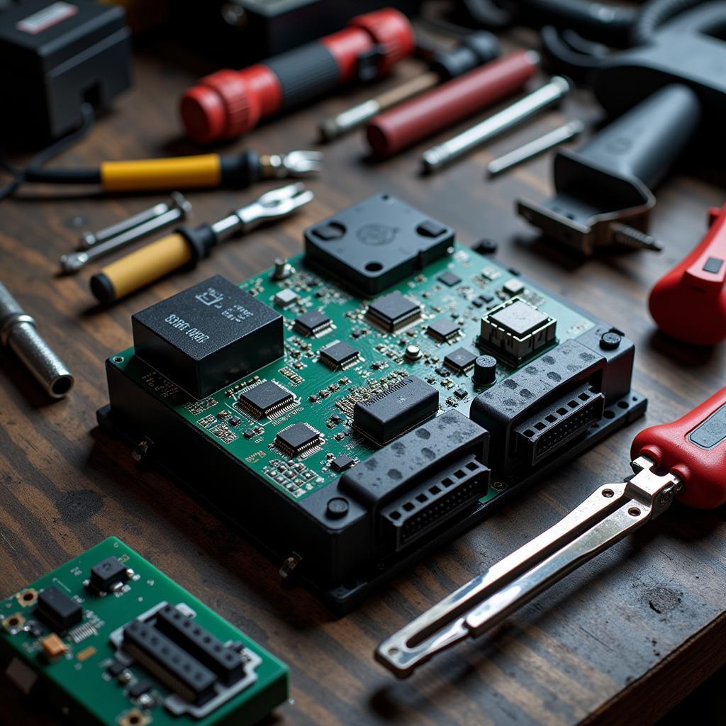 Car ECU placed on a workbench