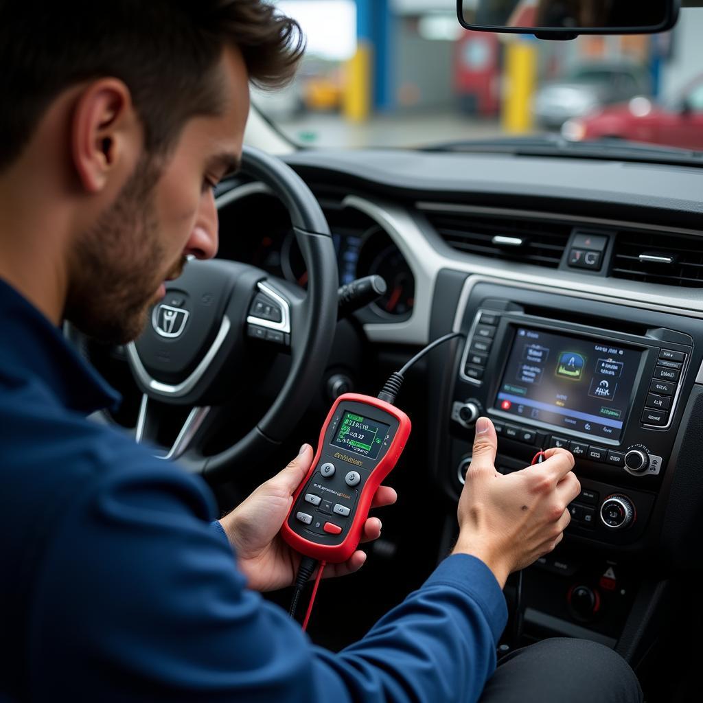 Mechanic using a car electrical diagnostic tool