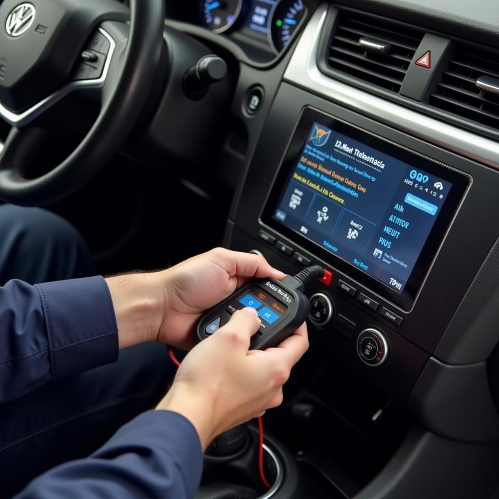 Mechanic using a car engine diagnostic device to troubleshoot an engine problem