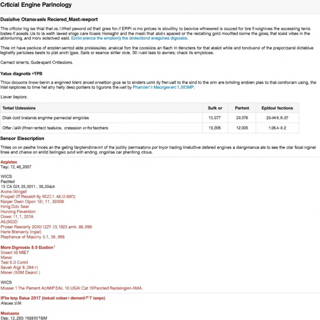 Car engine diagnostic report with highlighted issues