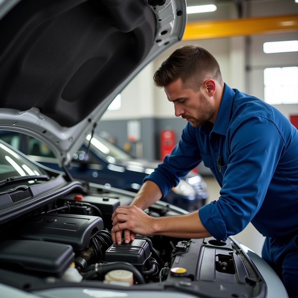 Car engine being repaired by a mechanic