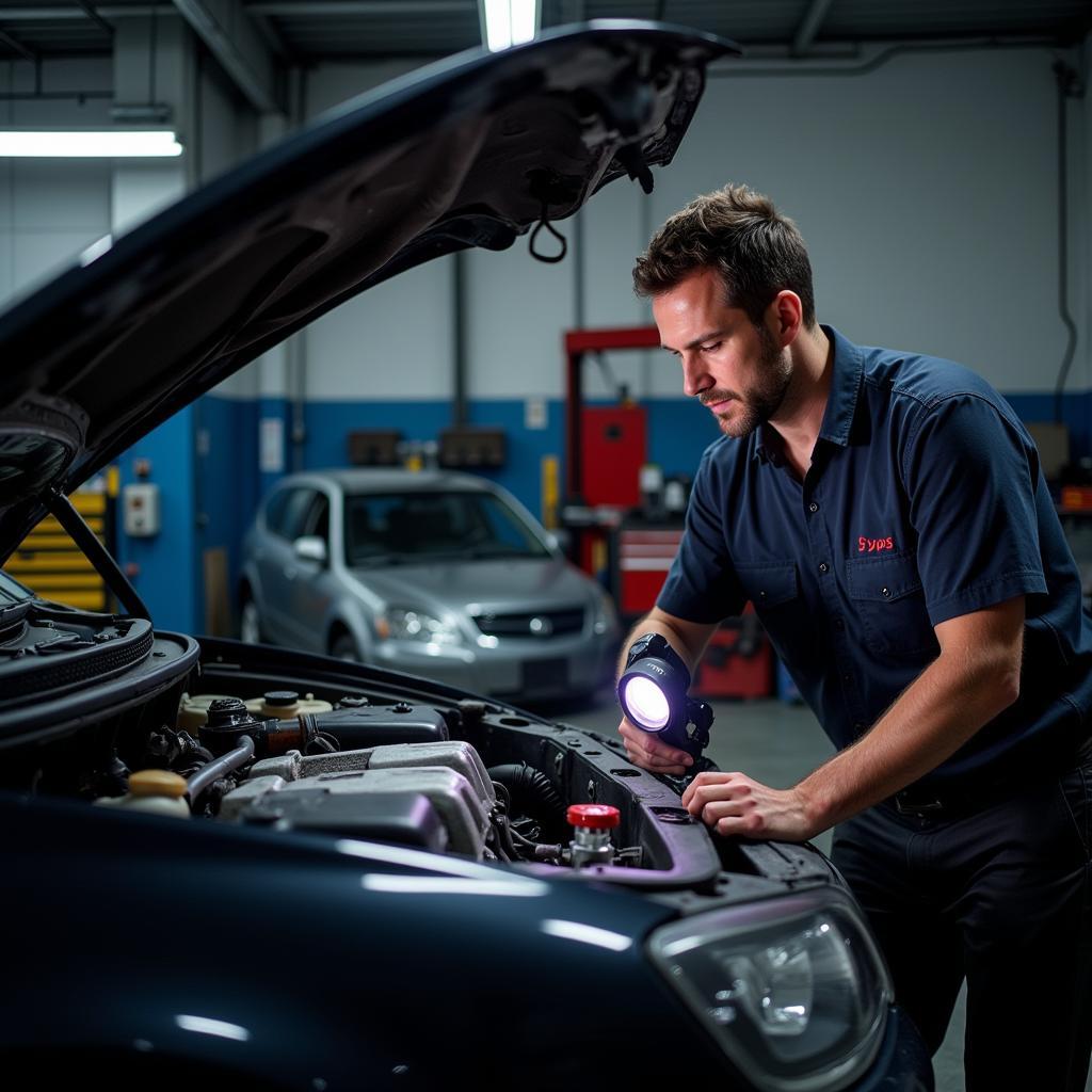 Mechanic inspecting a car engine in a repair shop