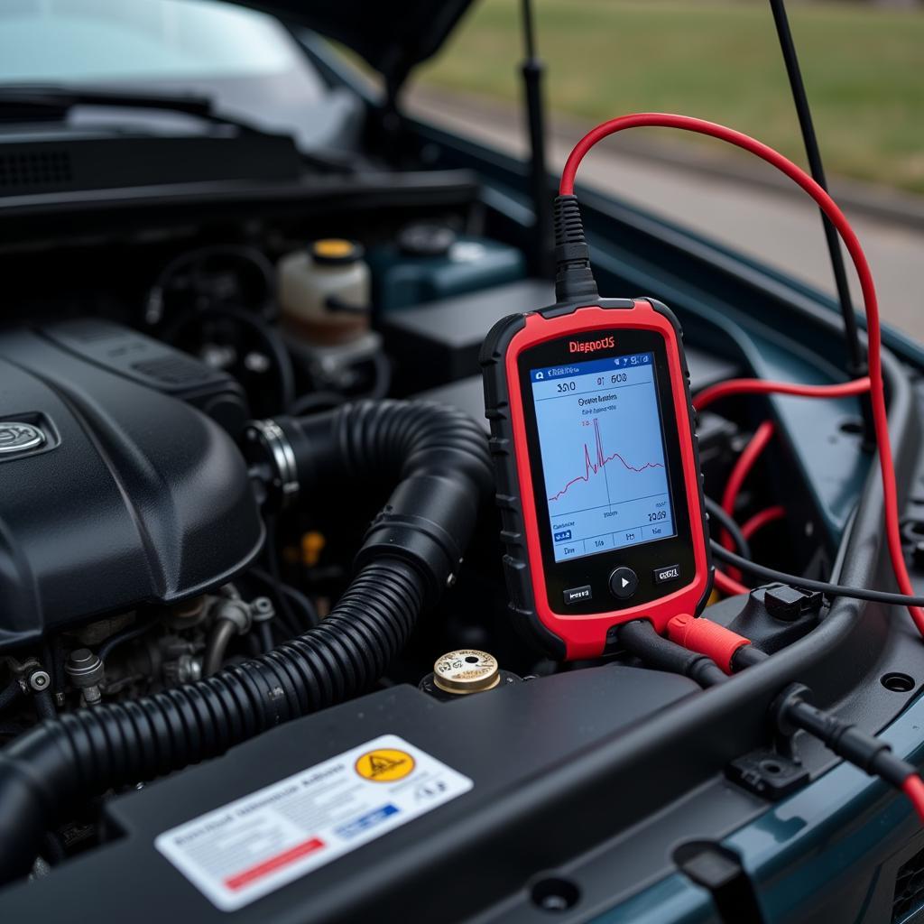 Close-up of a car engine with diagnostic equipment attached