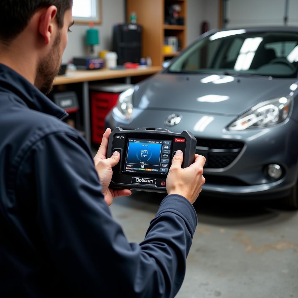 Car enthusiast using an Opticom diagnostic tool at home in his garage