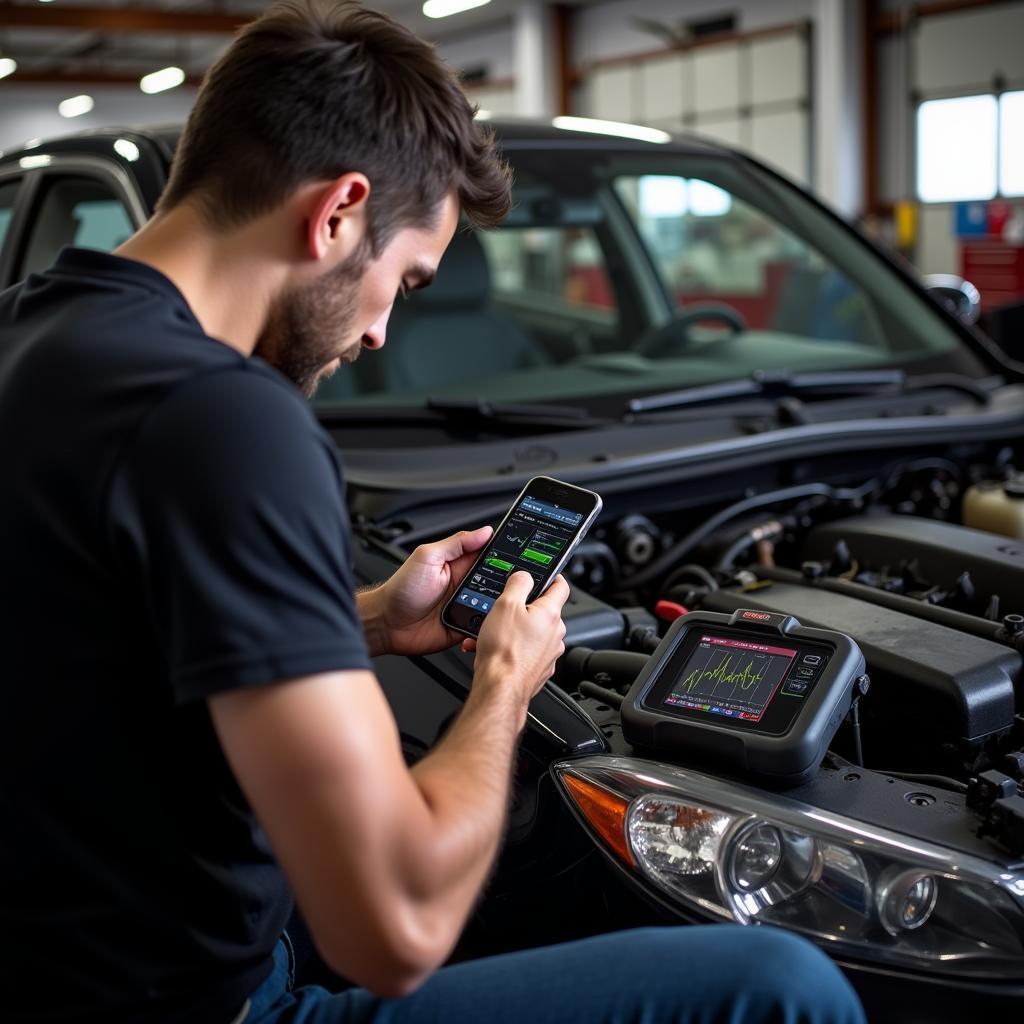 Car Enthusiast Using Phone for DIY Repairs