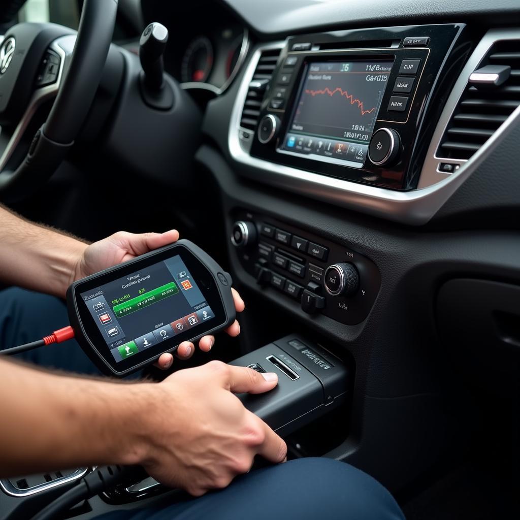 Mechanic using a car fault diagnostics machine to troubleshoot engine problems