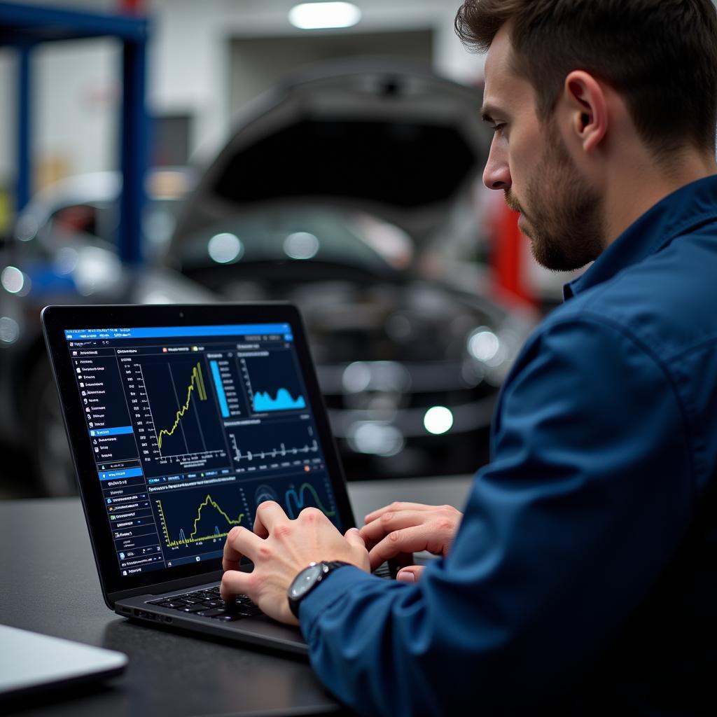 Car Mechanic Analyzing Diagnostic Data