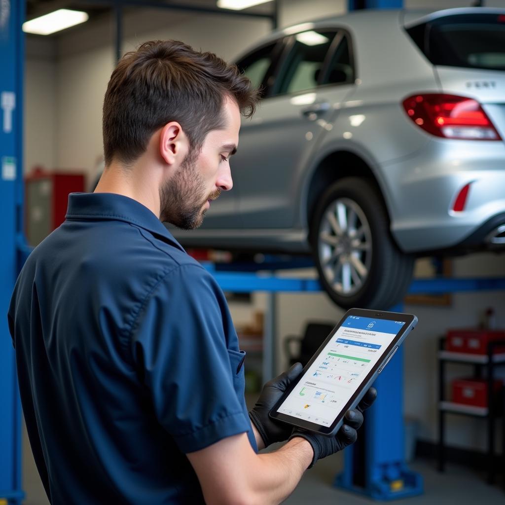 A car mechanic in a repair shop reviewing a diagnostic report on a tablet with a car in the background.