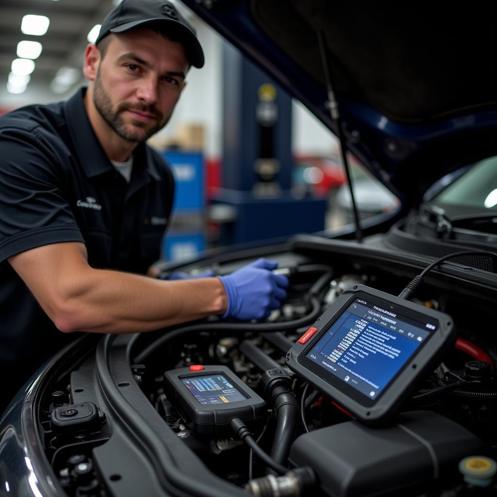 Mechanic Connecting Diagnostic Tool to Car