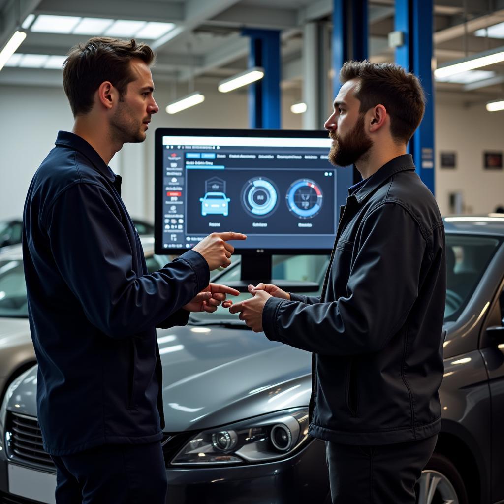 Mechanic Explaining Diagnostic Results to Car Owner