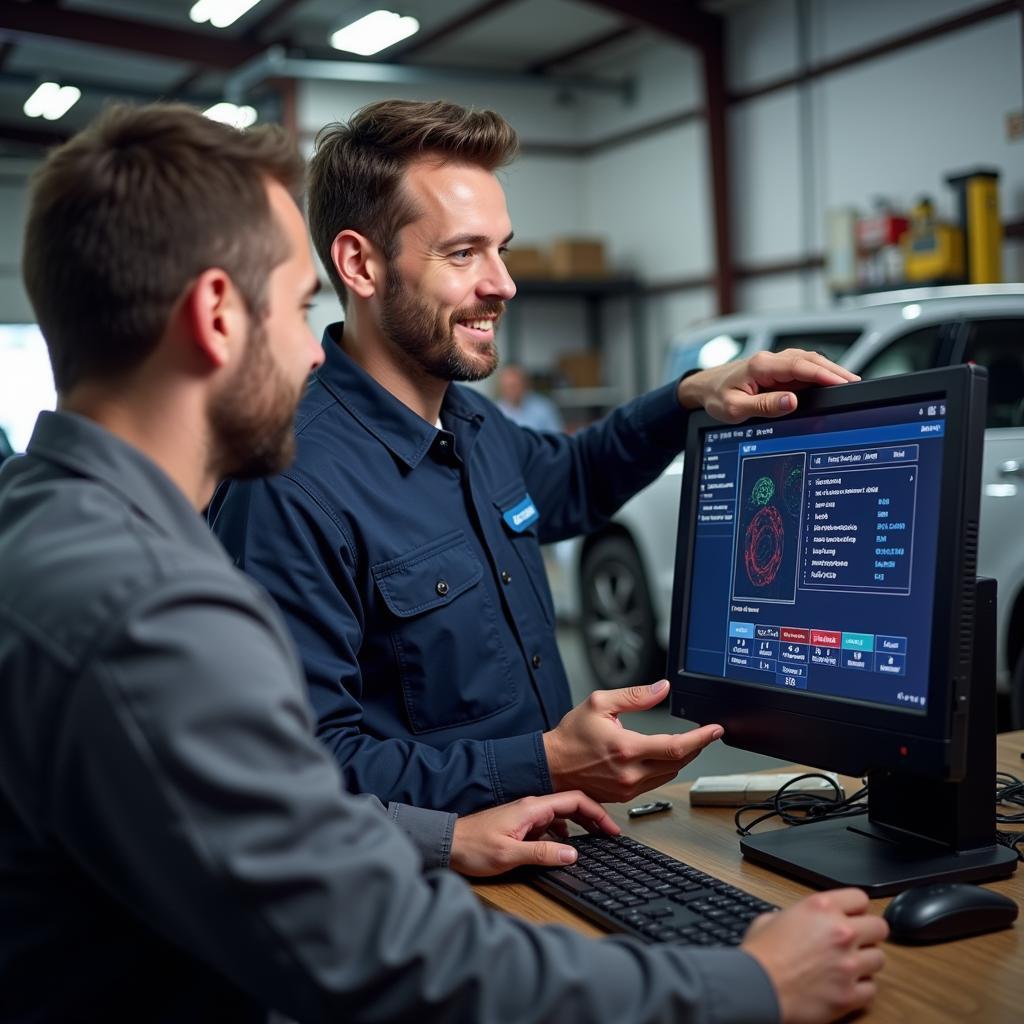 Car mechanic explaining diagnostic results to a car owner