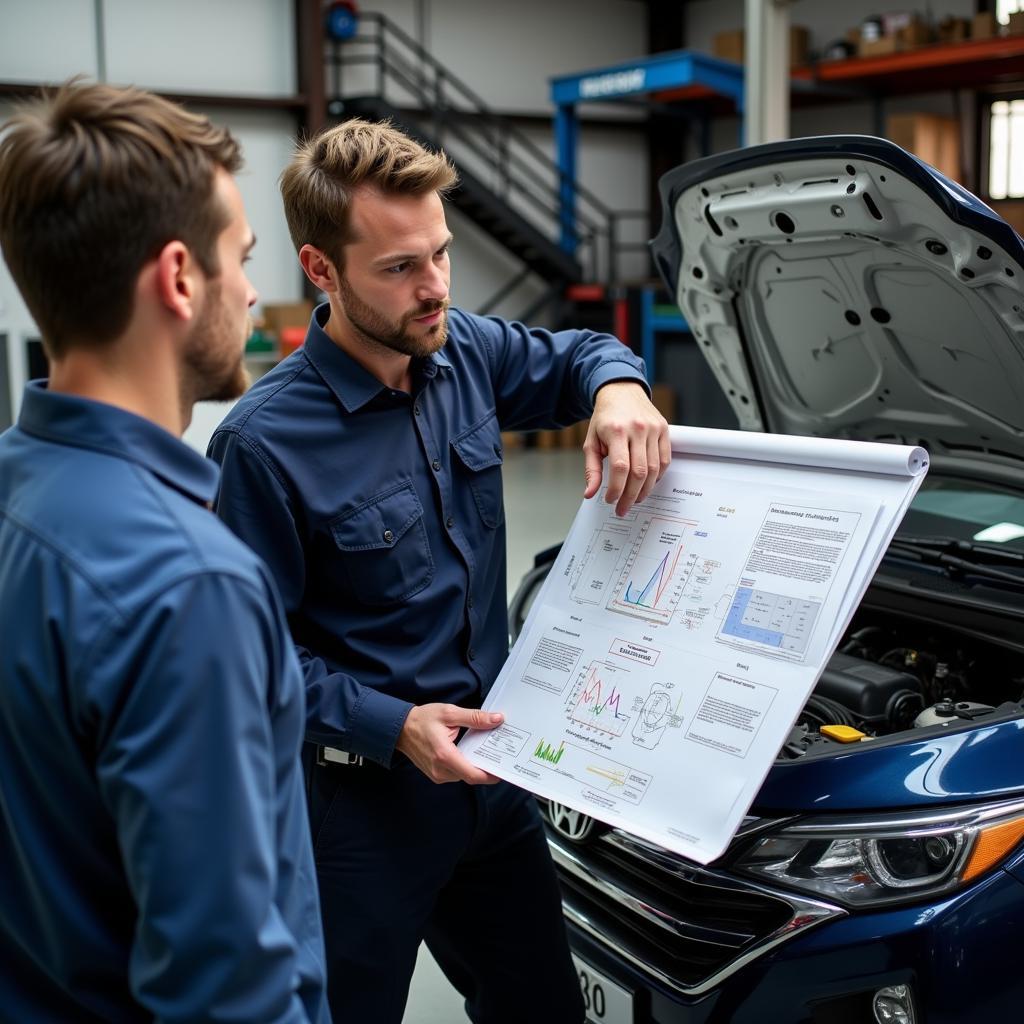 Mechanic explaining car diagnostics to a car owner