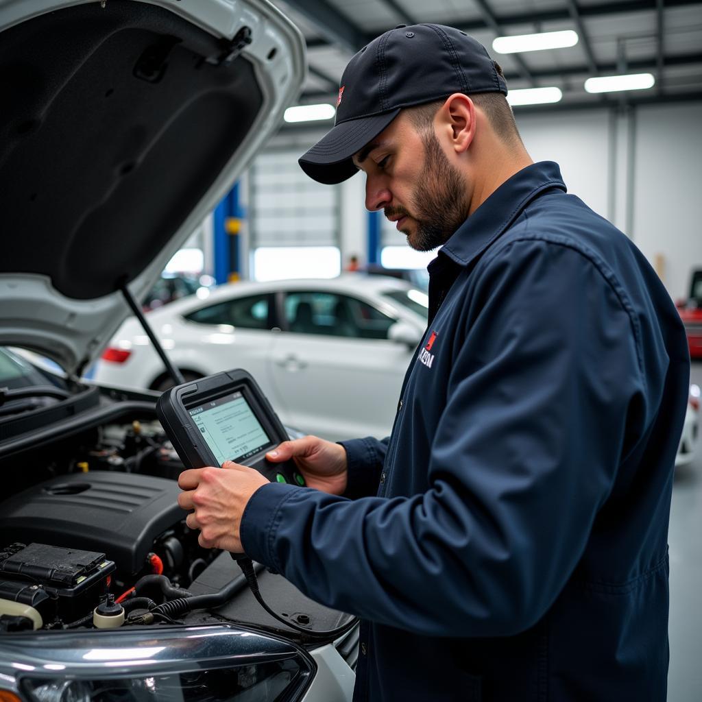 Mechanic Using Professional Diagnostic Tool in Auto Shop