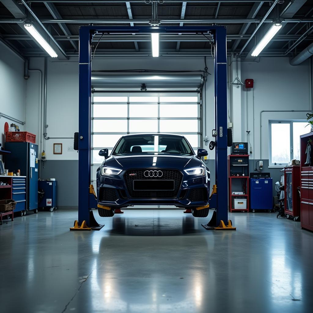 Car on a lift in a repair shop