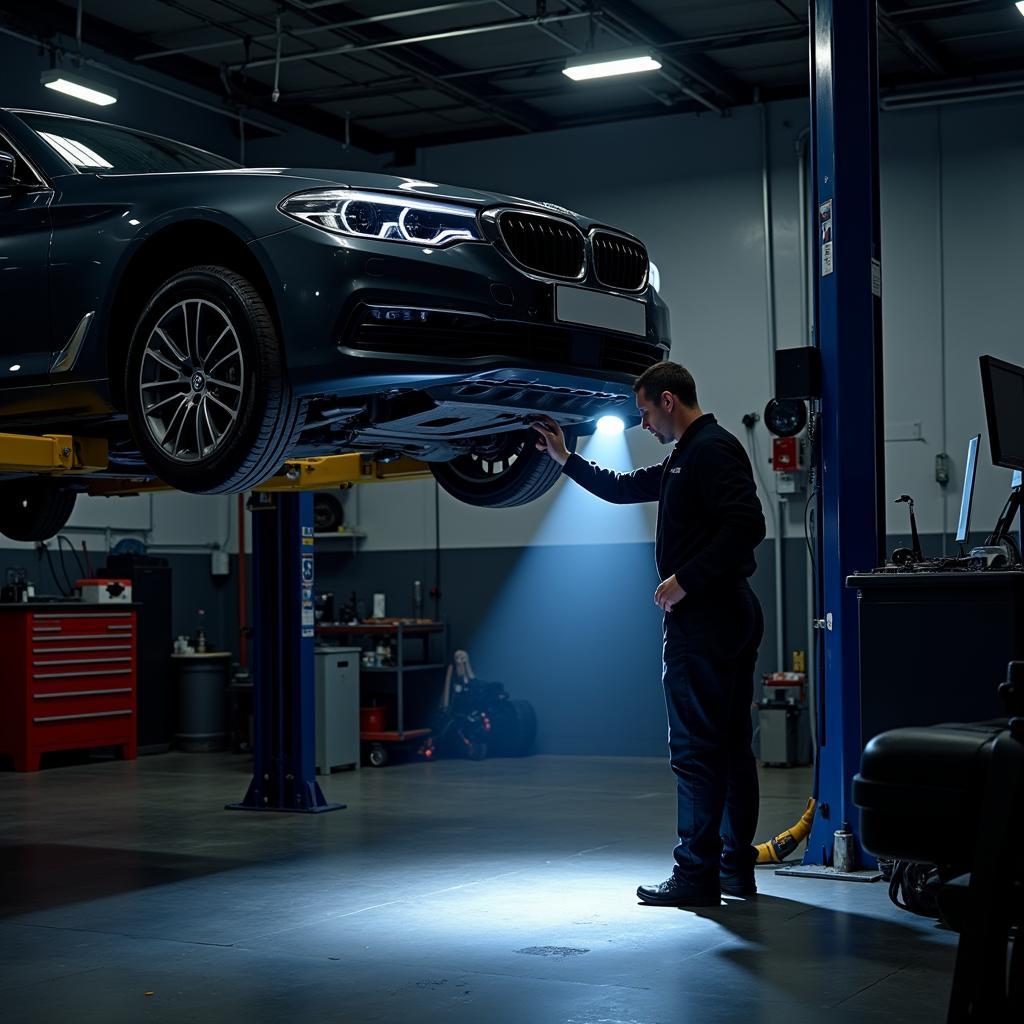 Car on a lift for thorough inspection