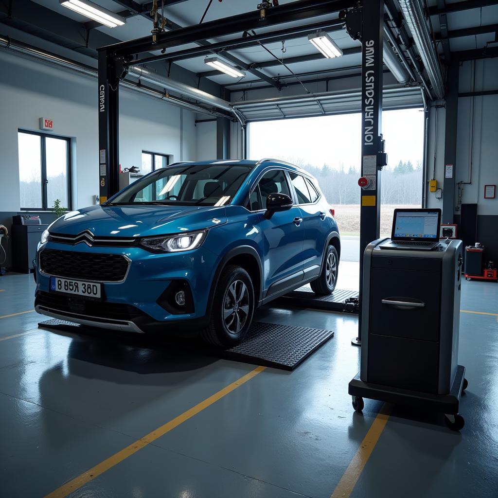 A car raised on a lift in a garage, ready for a thorough diagnosis using a car diagnostic machine