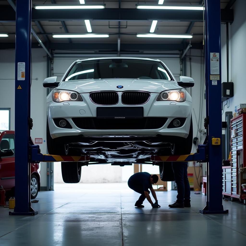 Car on Lift for Diagnostic Inspection in Garage