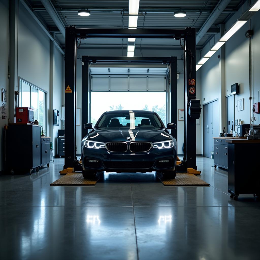 Car raised on a lift for comprehensive diagnostics