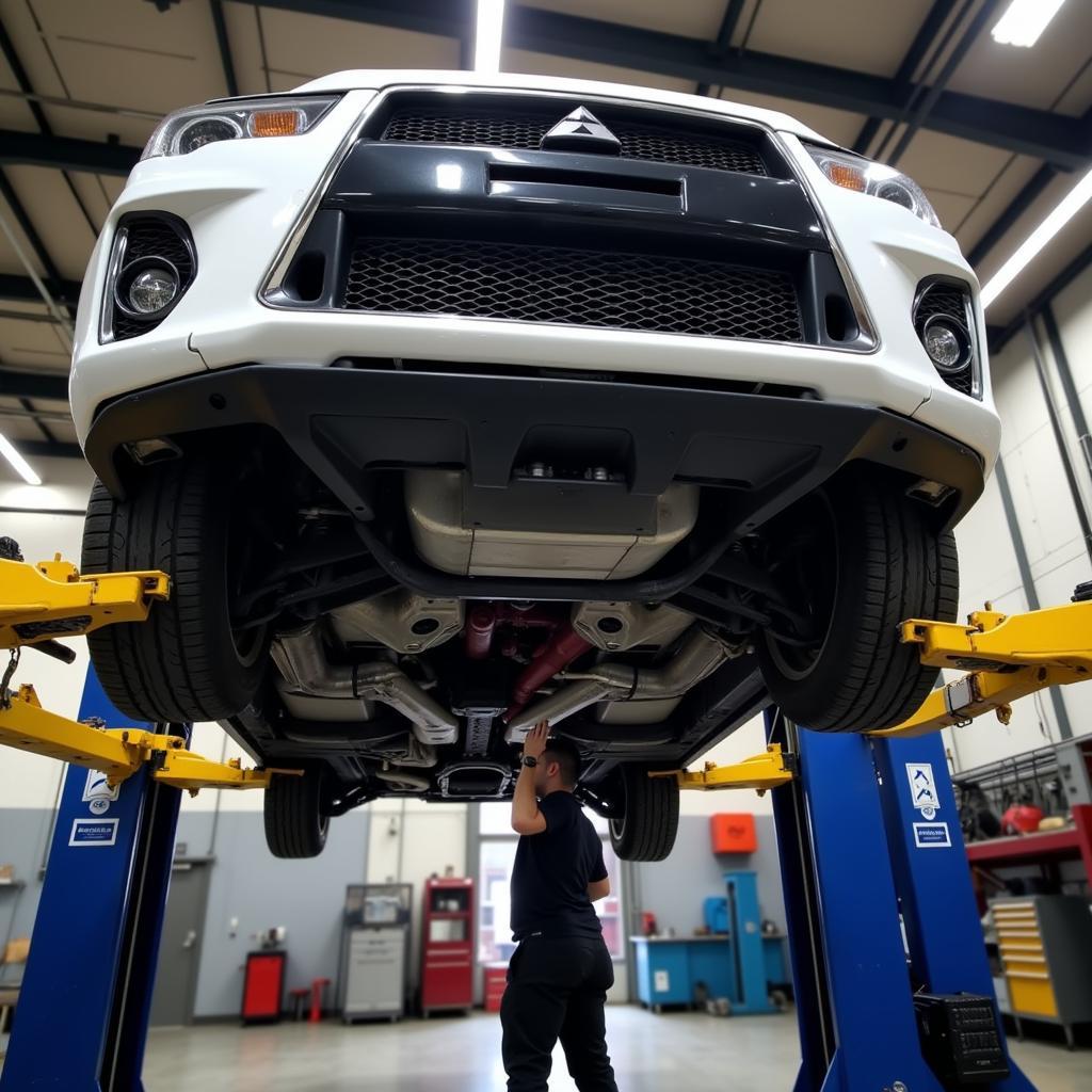 Car Lifted on a Hoist for Inspection at a Repair Shop