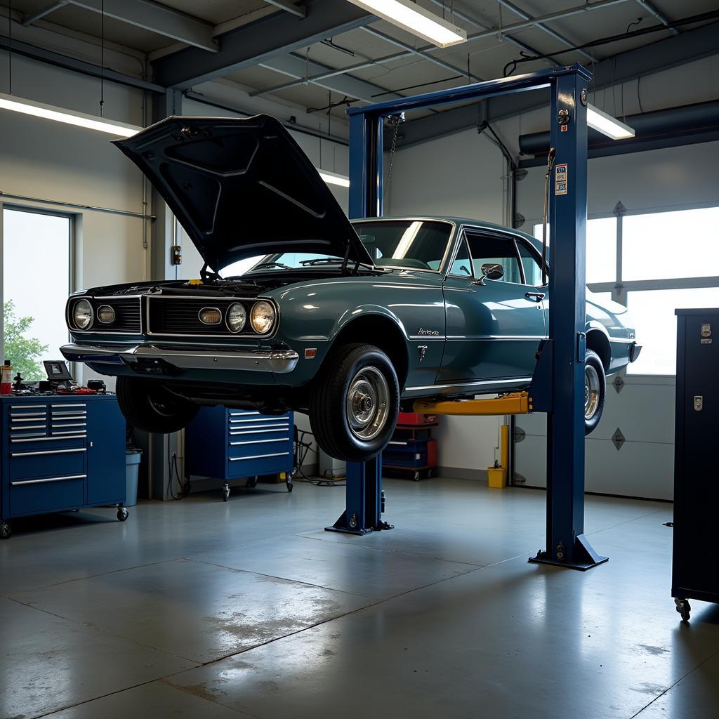 Car on a lift in a repair shop