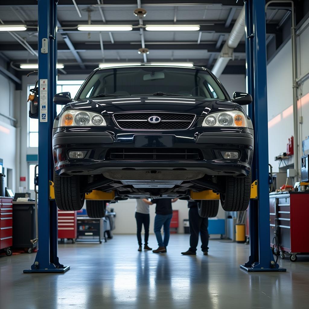 Car on a lift in a repair shop