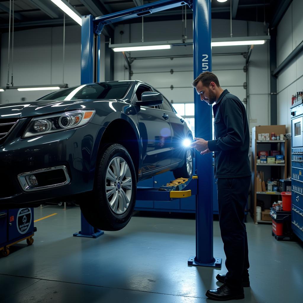 Car on a lift in a repair shop undergoing inspection