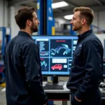 Car owner and mechanic discussing car diagnostics in front of a computer screen