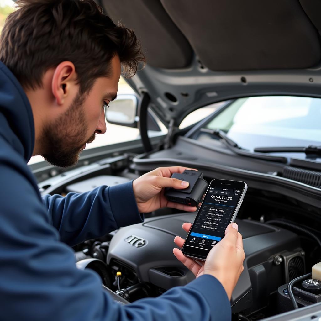 Car owner checking the engine with a smartphone app