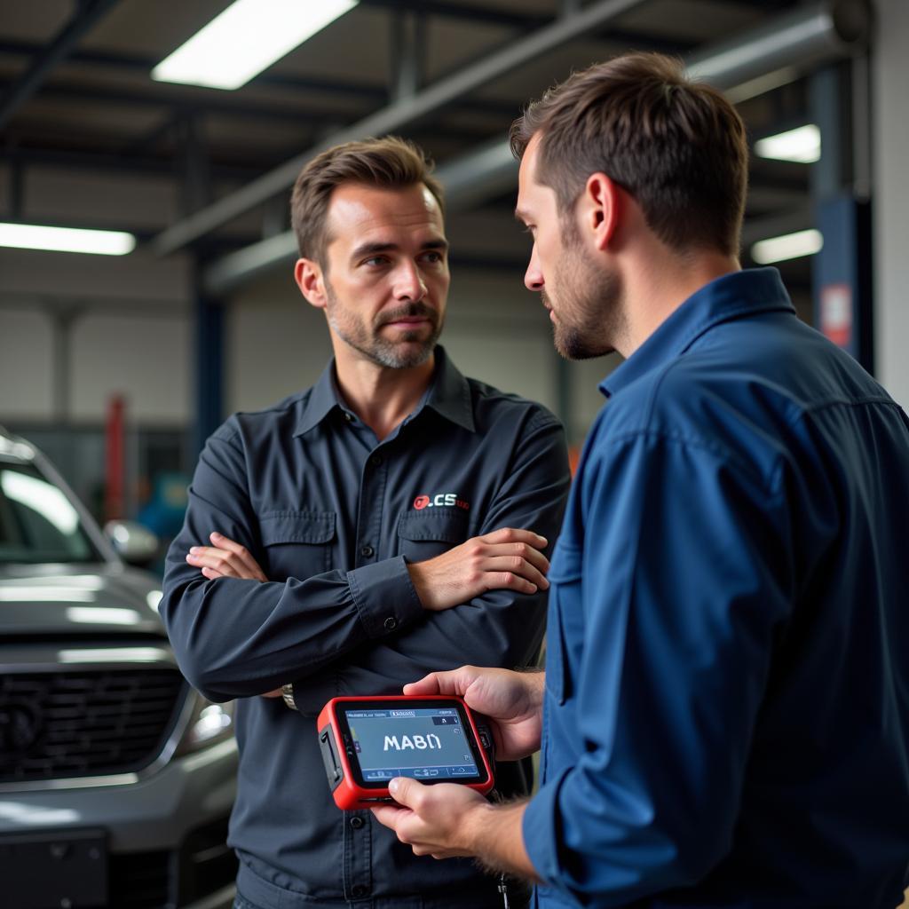 Car owner consulting with a mechanic about the A7E error code on the diagnostic tool