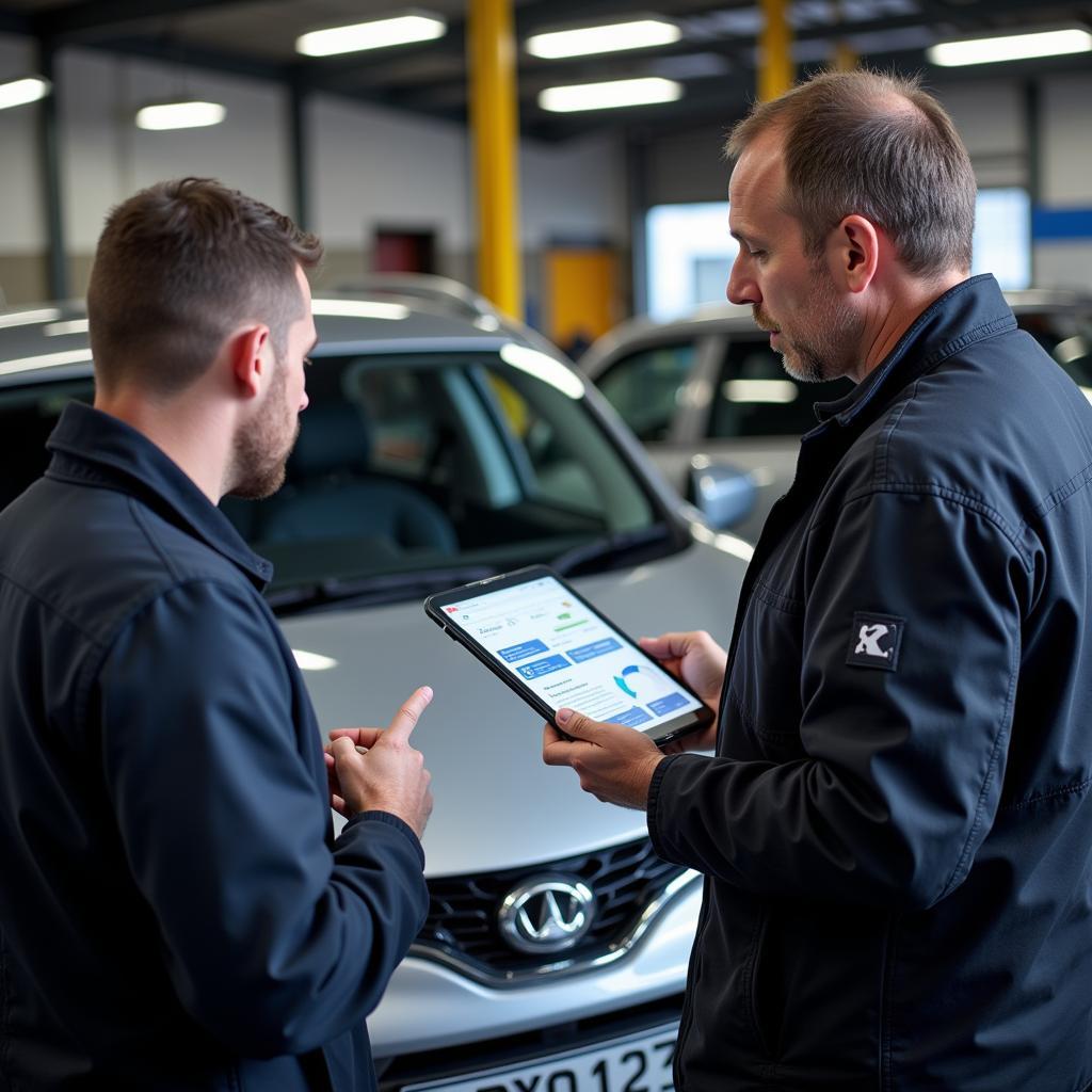 Car Owner Discussing Diagnostic Report with Mechanic in Edinburgh