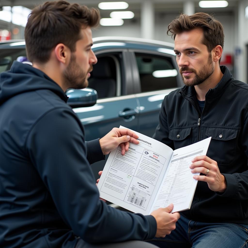 Car Owner Discussing Diagnostic Report with Mechanic