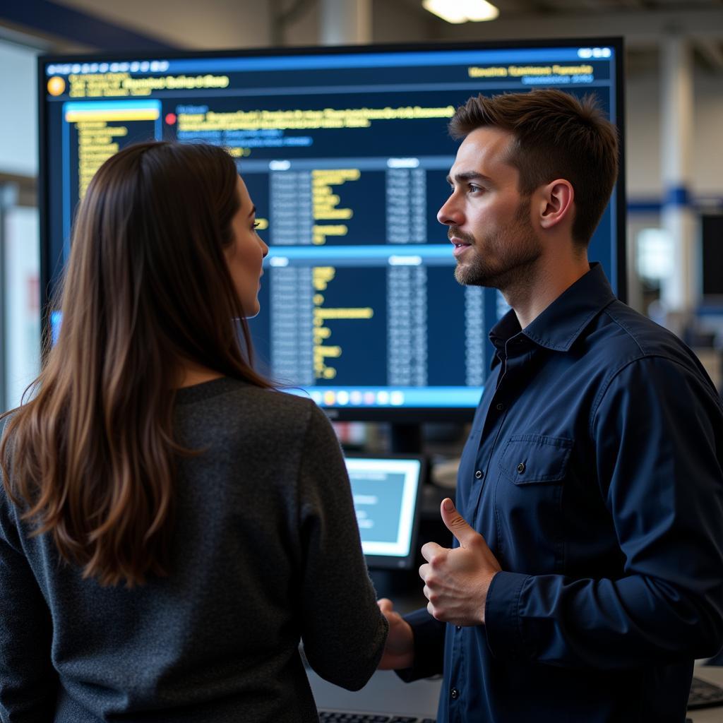 Car owner and mechanic discussing car diagnostic results